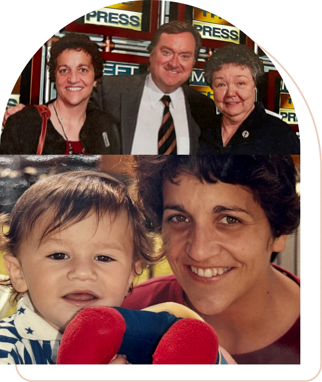 Three adults posing for a photo and a woman holding a smiling baby.